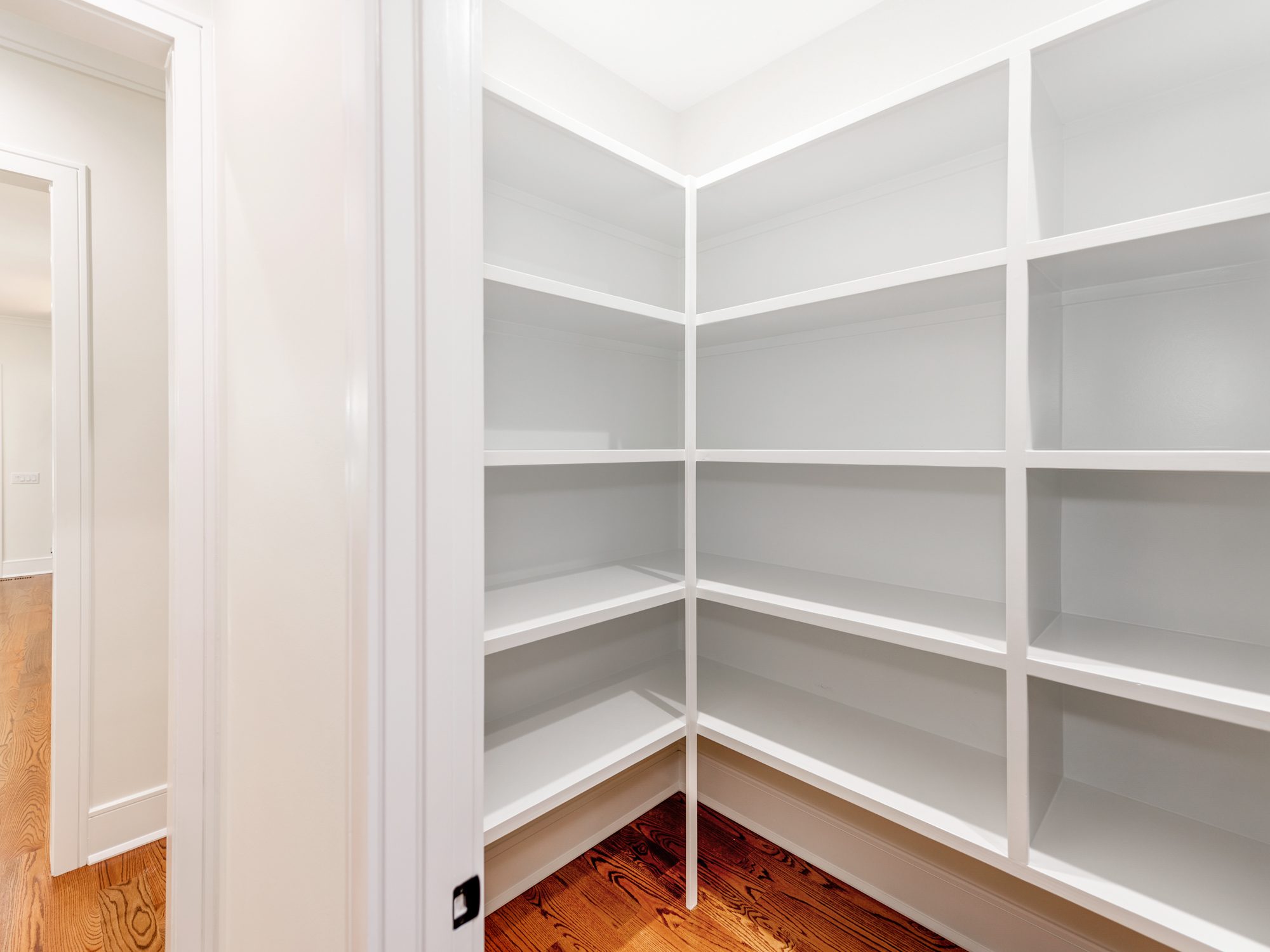 Walk-in pantry with white shelving and ample storage — Brantham by Stillman Properties Charlotte NC