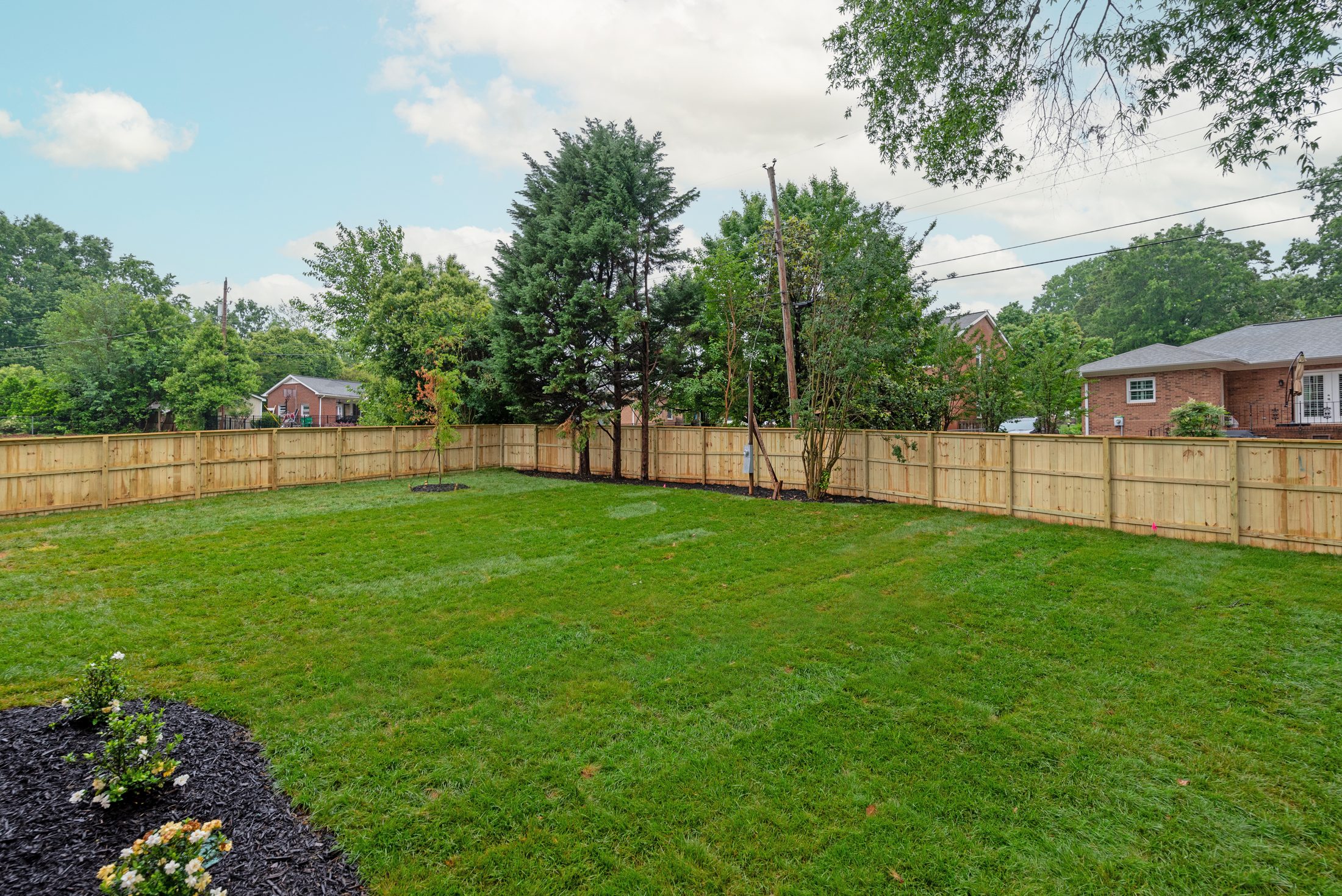 Backyard view showing the mature evergreens along the new privacy fence — Bywood by Stillman Properties Charlotte NC