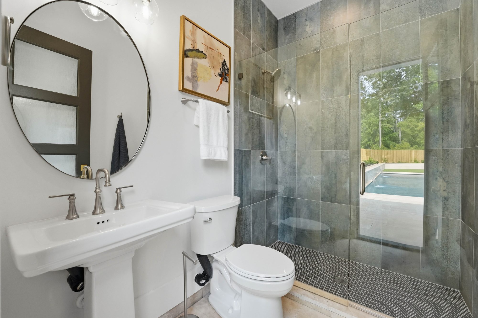 Cabana bath with vanity and walk-in shower — Creola custom home in Charlotte NC by Stillman Properties