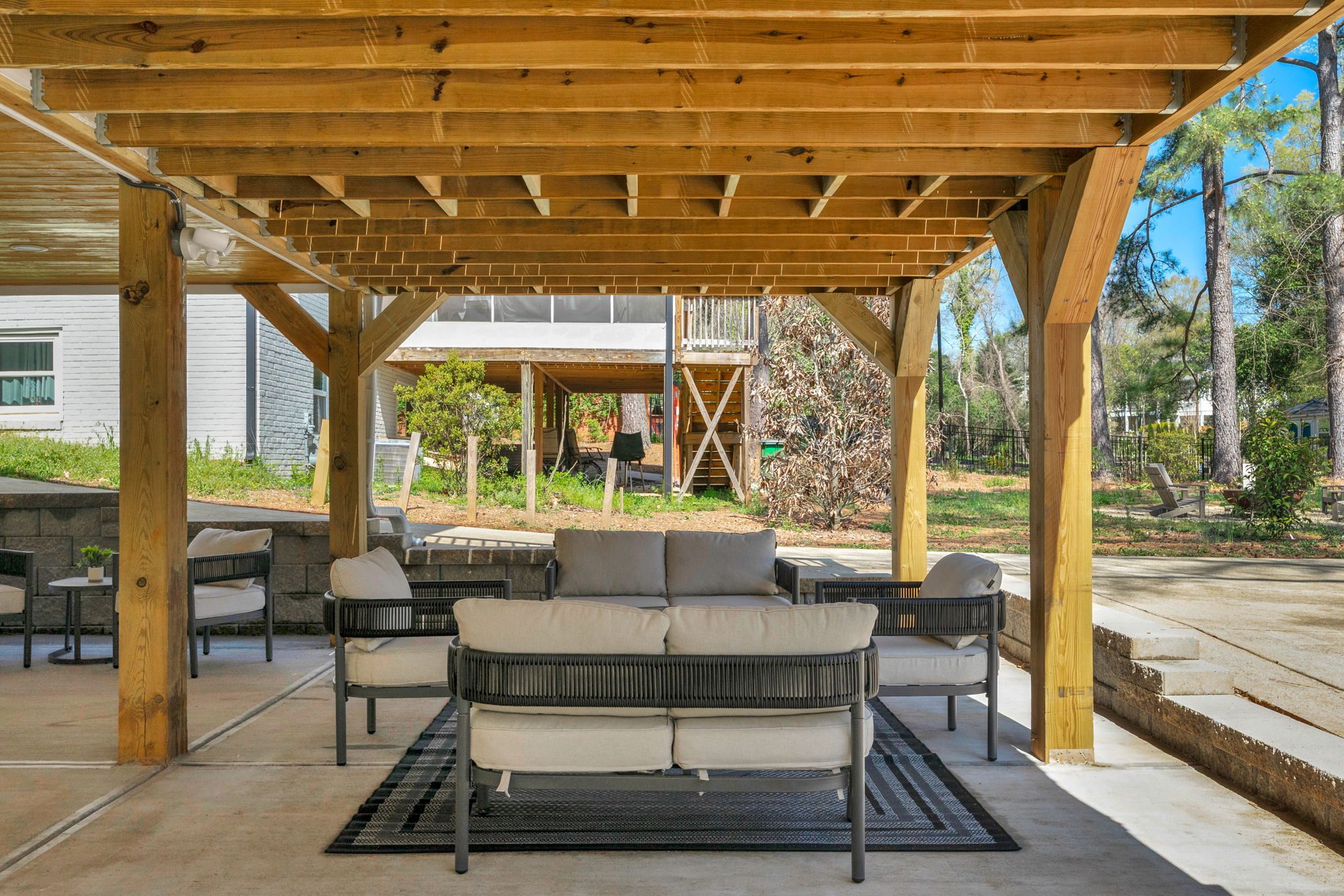 Detail of the timber-framed pavilion structure — Wyanoke by Stillman Properties Charlotte NC